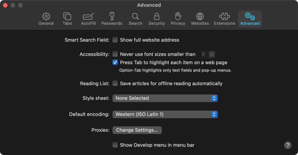 An image showing the Safari browser's advanced settings, enable tab key functionality for navigation between fields of a web page.