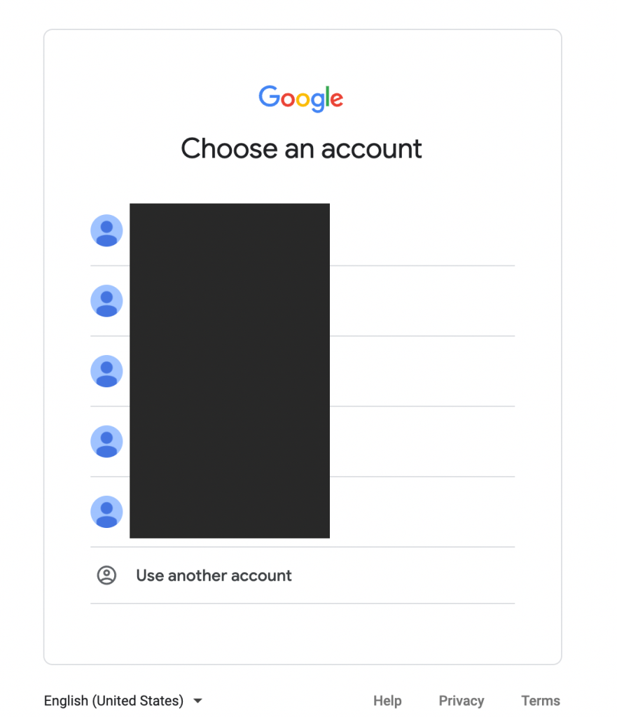 A screenshot from Google login page that shows a list of Google accounts for recovery.
