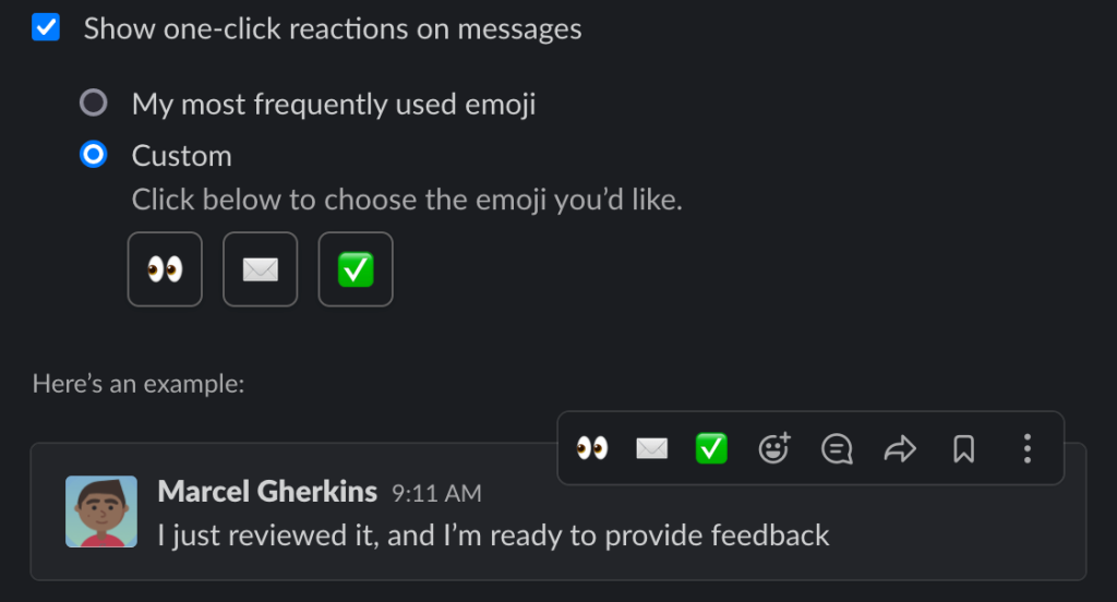 A screenshot of Slack settings that show one-click emoji reactions under "Messages & media" tab.